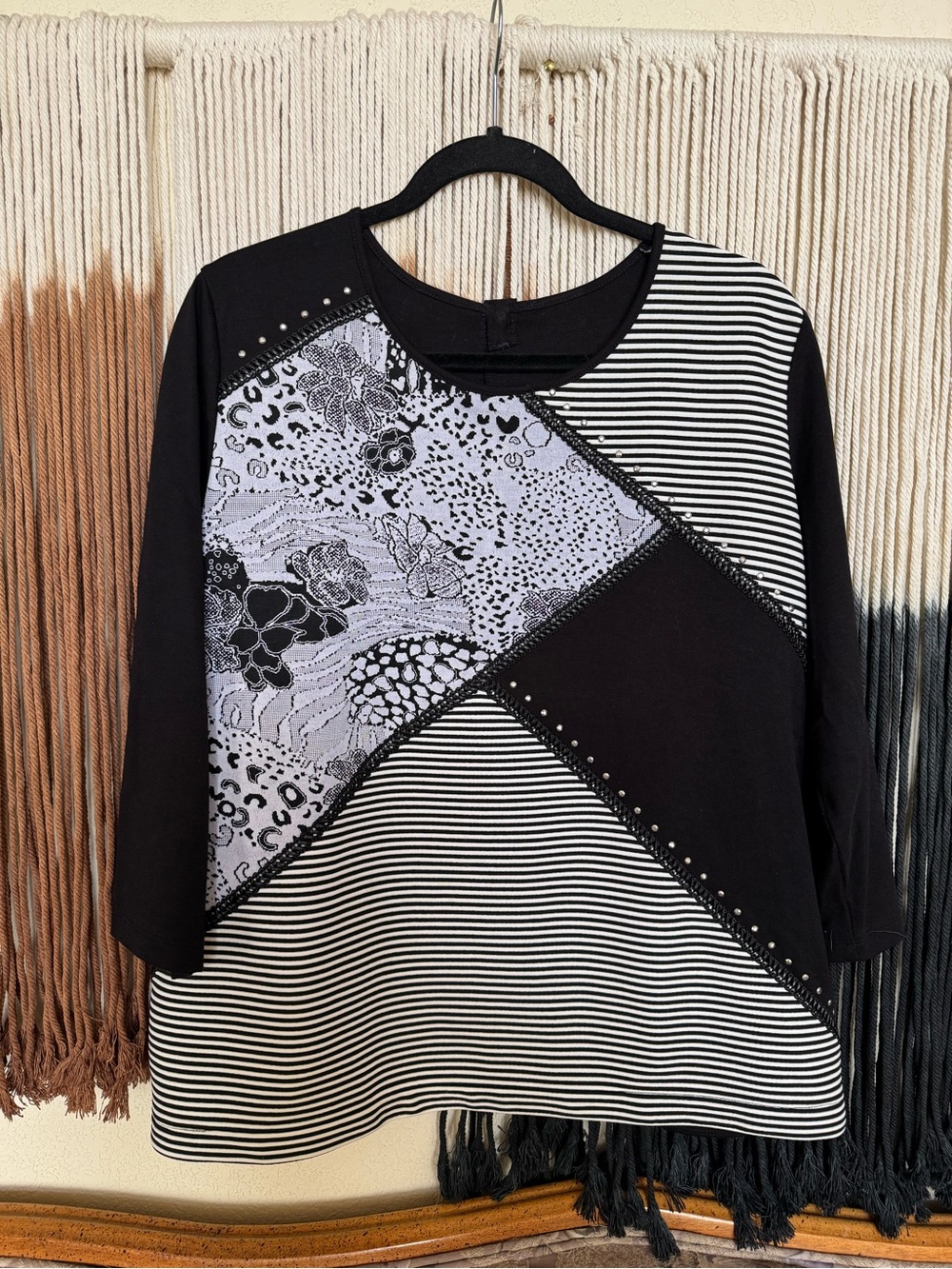 Black and white patchwork 3/4 sleeve top; excellent condition